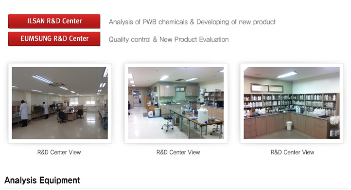 ILSAN R&D Center : Analysis of PWB chemicals & Developing of new product
EUMSUNG R&D Center : Quality control & New Product Evaluation