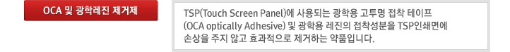 OCA ¹× ±¤Çз¹Áø Á¦°ÅÁ¦ : TSP(Touch Screen Panel)¿¡ »ç¿ëµÇ´Â ±¤ÇÐ¿ë °íÅõ¸í Á¢Âø Å×ÀÌÇÁ(OCA optically Adhesive)¹× ±¤ÇÐ¿ë ·¹ÁøÀÇ Á¢Âø¼ººÐÀ» TSPÀμâ¸é¿¡ ¼Õ»óÀ» ÁÖÁö ¾Ê°í È¿°úÀûÀ¸·Î Á¦°ÅÇÏ´Â ¾àǰÀÔ´Ï´Ù